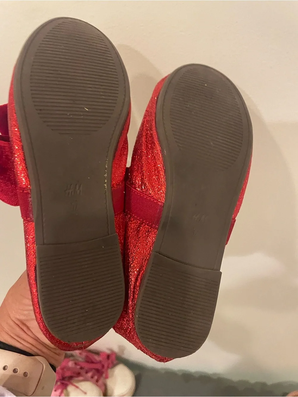 H&M Red Glitter Velvet Bow Slip-On Flats